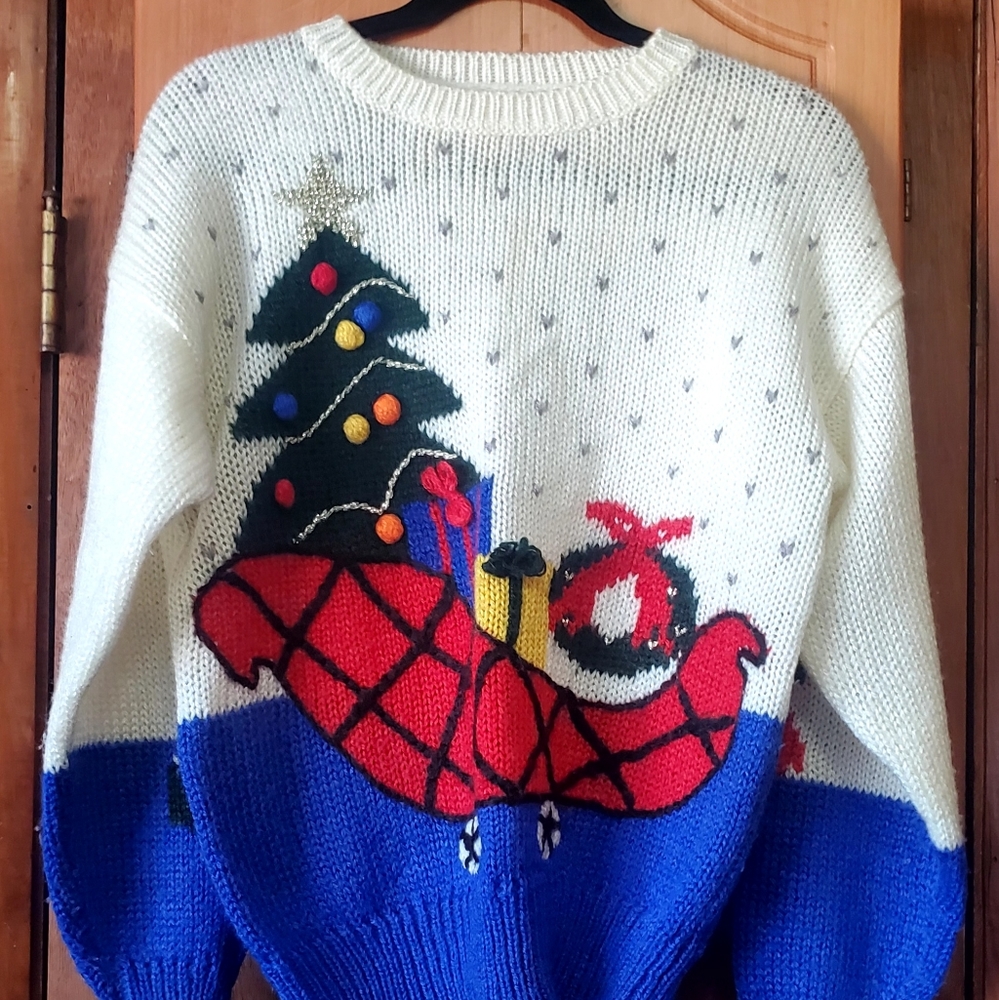 VTG Fetagetti 3D Sleigh Sled Snow Christmas Tree Wreath M Ugly Sweater